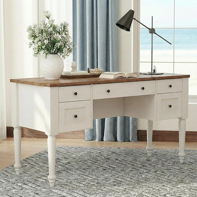 WAMAPT Farmhouse Executive Desk with 5 Drawers, Home Office Desk with Charging Station, Wood Computer Desk with File Cabinet Storage, Door, Open Shelf for Work and Study, White, 55 inch