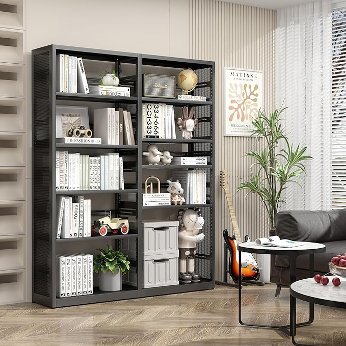 Large 5 Shelf Bookcase, Metal 5 Tier Bookshelf with Bookends, 54 Inch Wide Book Case, Tall Book Shelf Organizer, Black Bookcases for Library, Home Office, School, Clinic-Assemble Required