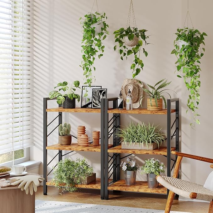 Book Shelf, Industrial 3 Tier Small Bookshelf, Bookcase with Metal Frame and Sidebars, Storage Shelves for Bedroom, Home Office and Living Room, Rustic Brown