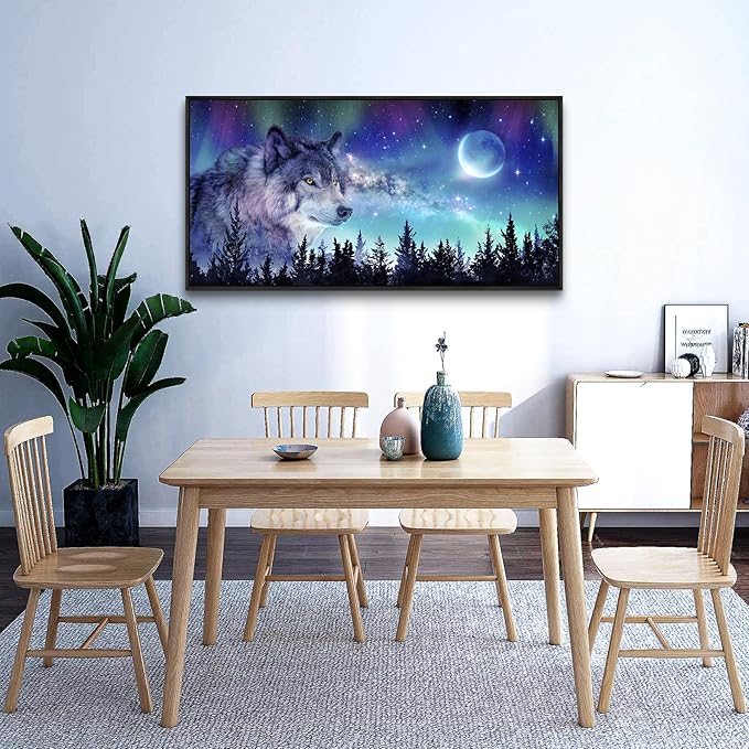 Wapluam Black Framed Canvas Wall Art For Living Room Family Wall Decor For Bedroom Wall Decorations For Office Abstract Aurora Scenery Paintings Wolf Wall Pictures Artwork Room Home Decor 20" X 40"
