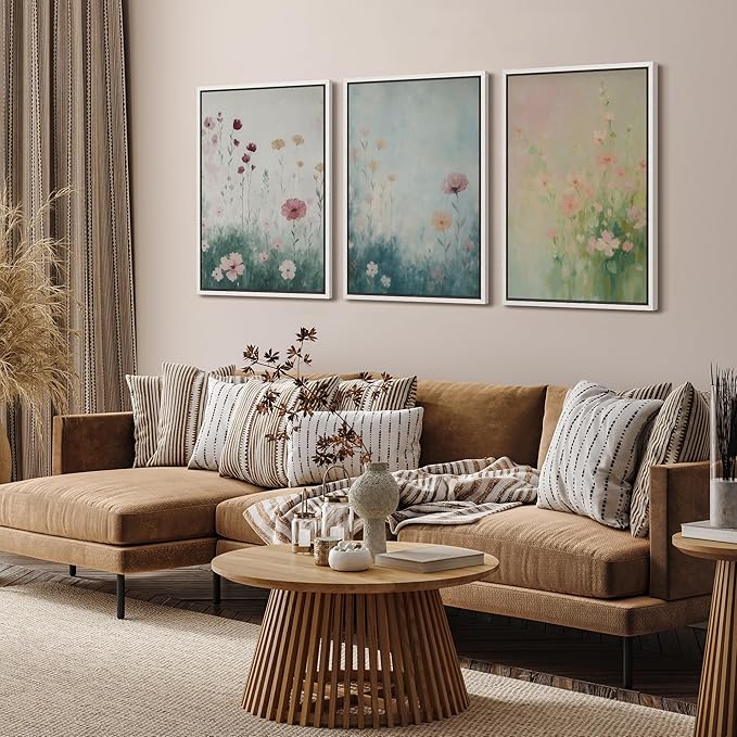 SIGNFORD Framed Wall Art Print Set Pastel Wildflower Meadow Soft Botanical Digital Art Modern Art Contemporary for Living Room, Bedroom, Office - 24"x36"x3 WHITE