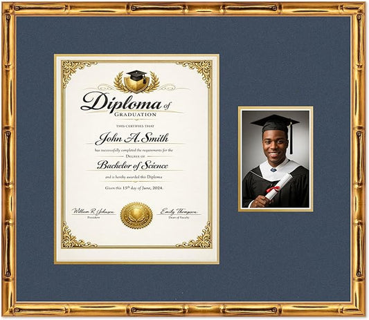 CountryArtHouse Fits 11 x 14 College Diploma (Portrait) and 5 x 7 Photo Diploma and Photo Frame Gold Bamboo Genuine Hardwood with Navy Blue Over Metallic Gold Double mat