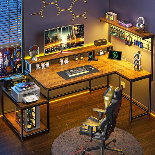 Gaming Desk with Shelves & Hooks, 63.5"L Shaped Computer Desk with LED Lights & Power Outlets & Monitor Stand and Printer Space for Home Office, Writing Desk of Bedroom, Living Room, Rustic Brown