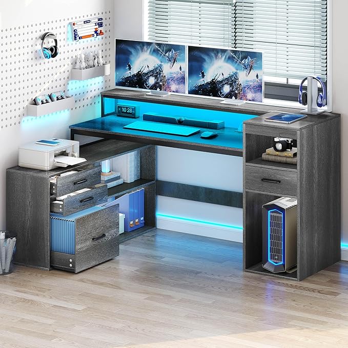 YITAHOME L Shaped Desk with Drawers, 59" Corner Computer Desk with Power Outlets & LED Lights, Farmhouse Wood L-Shaped Desk with File Cabinet, Printer Stand, Host Stand for Home Office, Grey