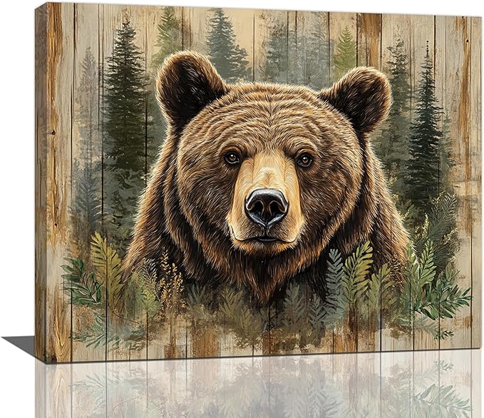 Farmhouse Bear Wall Art Rustic Forest Pictures Decor Woodland Wildlife Painting Canvas Print Modern Home Decoration Artwork for Living Room Bathroom Bedroom Office Framed 20"x16"