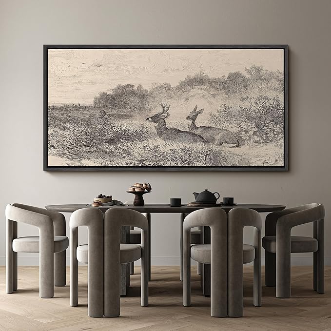 SIGNFORD Extra Large Framed Canvas Vintage Deer Meadow Landscape Illustrations Modern Art Calm Warm for Living Room, Bedroom, Office - 60"x30"