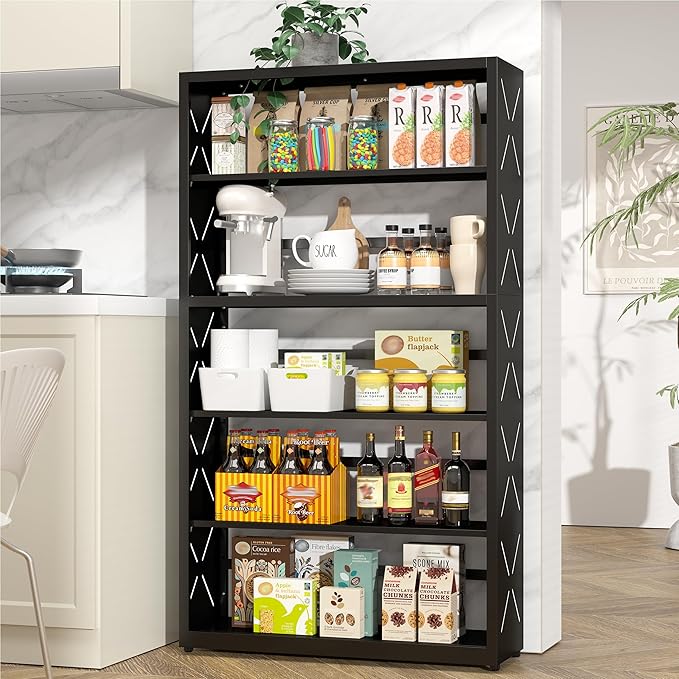 5 Tier Bookshelf, 55"Tall Metal Bookcase with Adjustable Shelves, Modern Display Book Shelf, Black Bookcase Shelf, Utility Shelf, Storage Shelves for Office, Living Room, Kitchen, Study-31"W