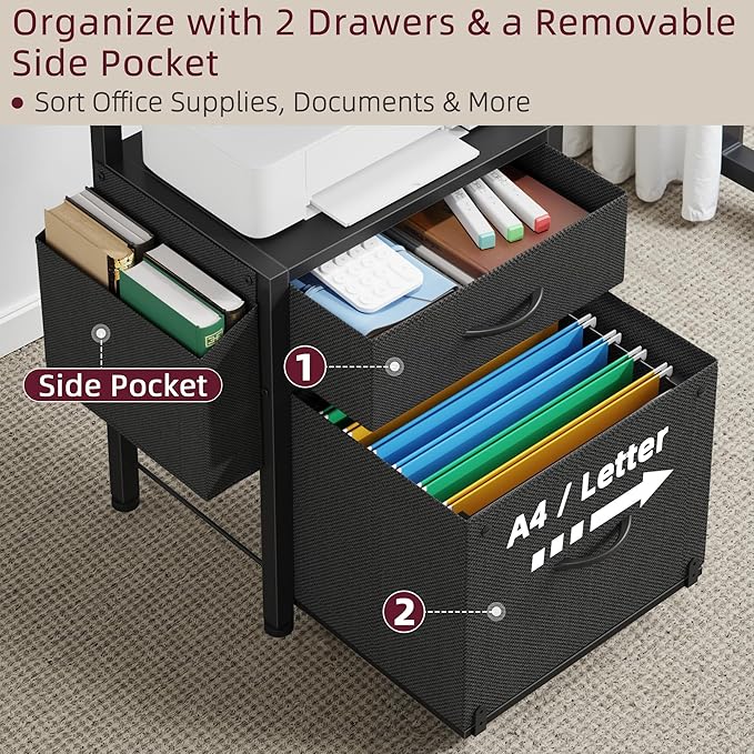 2-Drawer File Cabinet, Filing Cabinet with 2-Tier Printer Shelves, Office Cabinets with Side Bag&File Drawer for A4/Letter Size, Printer Stand with Storage for Home Office, Black, 16.5" W