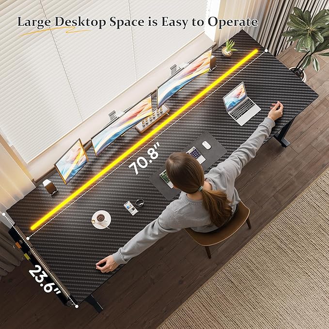 71 Inch Computer Desk with LED Lights, Office Desk for Home Office, Study Desk Writing Table with Storage Bag, Headphone Hook, Black