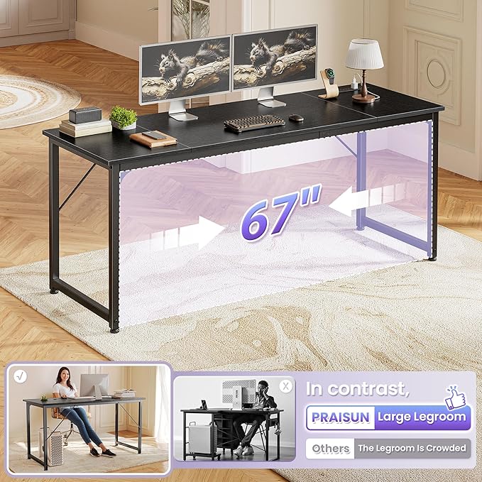 PRAISUN 70 X 24 Inch Office Computer Desk with Power Outlets and USB-C Port, Larger and Longer Gaming Desk, for Home Office, Study, Writing Work from Home Table, Metal Frame, Black