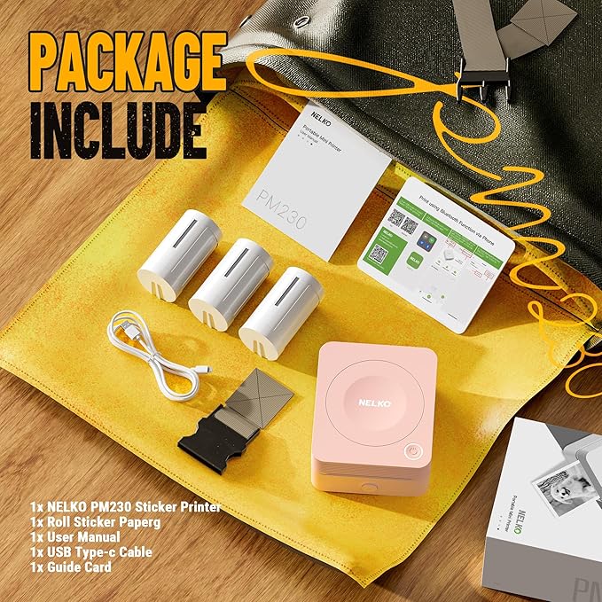 Nelko Sticker Printer, PM230 Print Pod Mini Bluetooth Portabel Sticker Maker with 3 Rolls Paper, Print Pods with Multiple Templates for Phone & Tablet, Smart AI APP Family, Pink