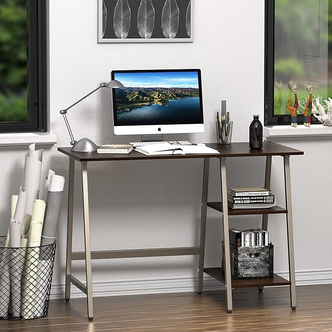 SHW 43-Inch Home Office Trestle Computer Desk with Open Storage Shelves, Espresso