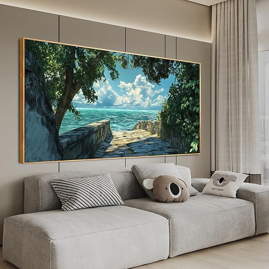 Canvas Wall Art Decor Wall Pictures for Living Room Artwork for Walls Large Landscape Natural Wall Art Decorations Framed Green Coastal Wall Art Prints Seaside Path Home Office Decor 29" x 58"
