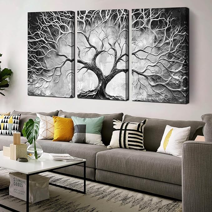 Tree Wall Pictures for Living Room - Black and White Wall Art for Office Decor - Modern 3 Piece Wall Art for Bedroom Size 24" x 36"