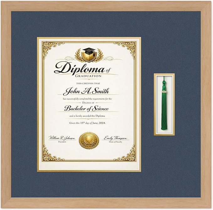 CountryArtHouse Diploma and Tassel Frame Fits 10 x 13 College Diploma (Portrait Traditional Natural Wood Genuine Hardwood Shadowbox with Navy Blue Over Metallic Gold Double mat