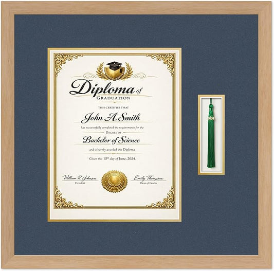 CountryArtHouse Diploma and Tassel Frame Fits 10 x 13 College Diploma (Portrait Traditional Natural Wood Genuine Hardwood Shadowbox with Navy Blue Over Metallic Gold Double mat