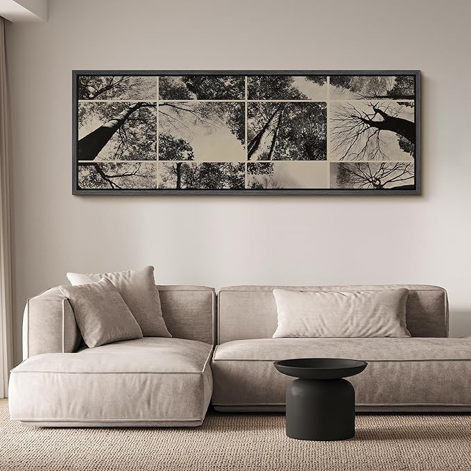SIGNFORD Large Framed Canvas Print Wall Art Black and White Forest Canopy Grid Collage Illustrations Modern Art Calm Warm for Living Room, Bedroom, Office - 60"x20"