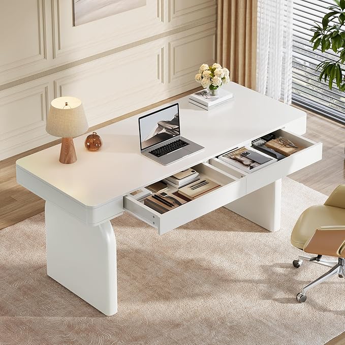Tribesigns White Desk with Drawers, 63-Inch Modern Executive Office Desk, Glossy Elegant Work Study Desk Writing Table for Home Office, Cream White