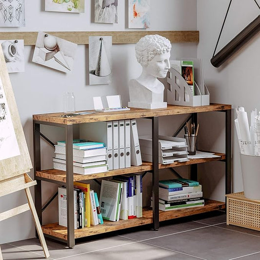 IRONCK Bookshelf Double Wide 55 in 3-Tier, Industrial Bookcases, Wood and Metal Bookshelves, Book Shelves for Home Office Decor Display