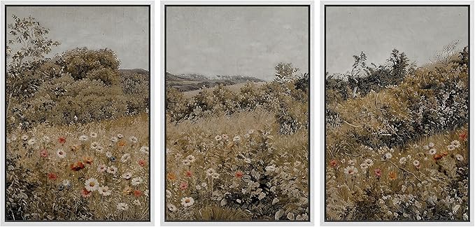 SIGNFORD Framed Wall Art Print Set Summer Wildflower Lush Floral Landscape Illustrations Modern Decorative Multicolor Relax/Calm Chic for Living Room, Bedroom, Office - 24"x36"x3 White