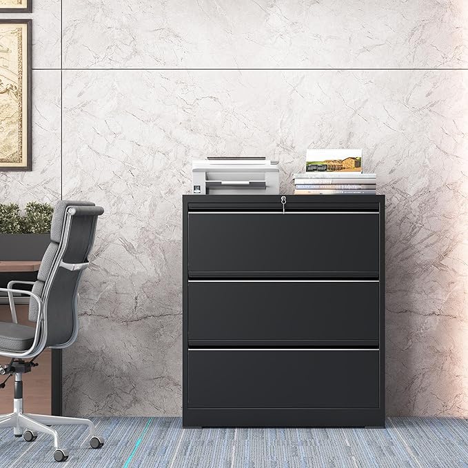 3 Drawer Metal File Cabinet, Lateral File Cabinet with Lock, Lateral File Cabinets for Home Office, Heavy Duty File Storage Cabinet for Legal/Letter/A4 Document, Assembly Required, Black
