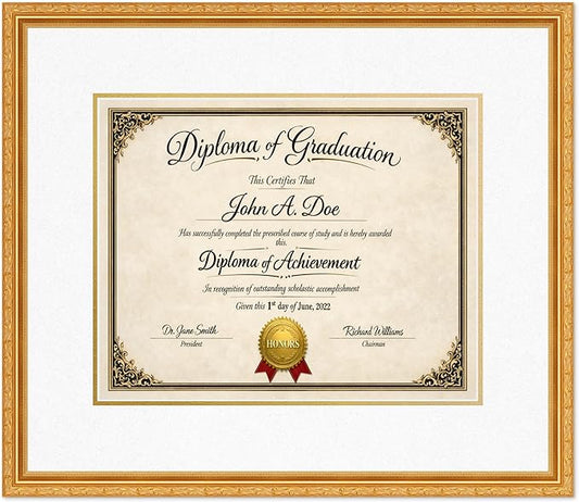 Diploma Frame Museum Gold with Oyster Shell Over Gold Double Mat - Fits 15 x 12 Military/Government Wall Display Made in the USA