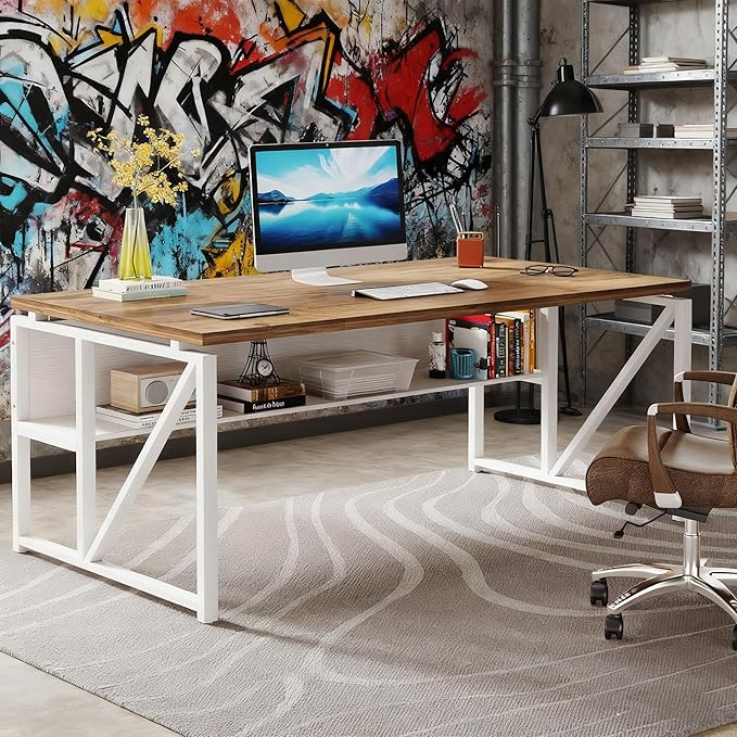Tribesigns 63 inches Computer Desk with Bottom Storage Shelf Home Office Desk Writing Table for Workstation,Dark Walnut + Steel Leg， Cabinet not Included (Light Walnut, 63-inch-with Shelf)