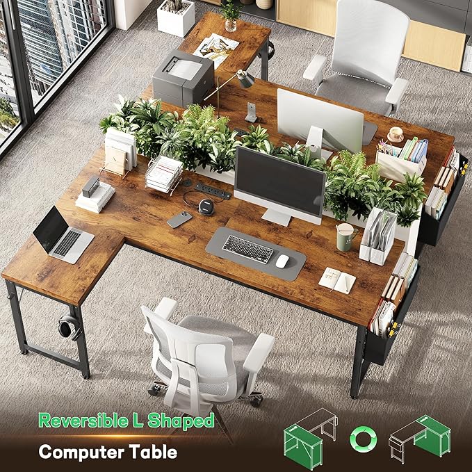 63" L Shaped Desk with Power Outlets and USB-C Port, Reversible Computer Desk, Larger Office Corner Gaming Desk with LED, 0.95" Thicker Desktop, Metal Frame, for Home Office, Study,Brown