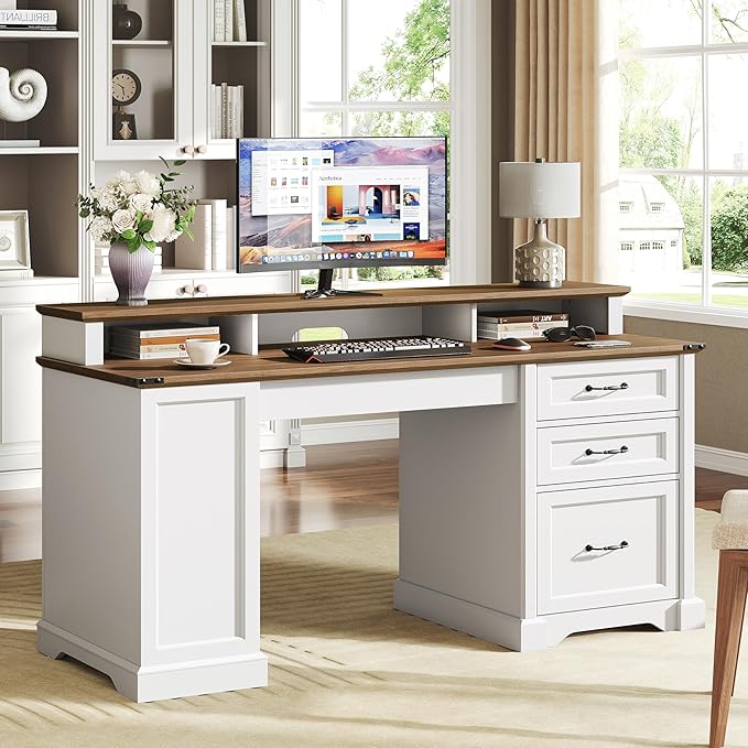 2 Pack 55'' Farmhouse Executive Desk with Drawers, Computer Desk with File Cabinet and Side Bookshelf, Writing Gaming Desk with Monitor Stand, White and Walnut