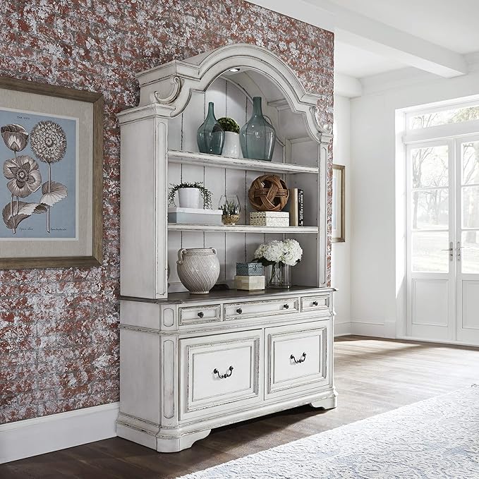 Liberty Furniture Magnolia Manor Filing Credenza & Hutch for Home Office - Antique White & Weathered Bark