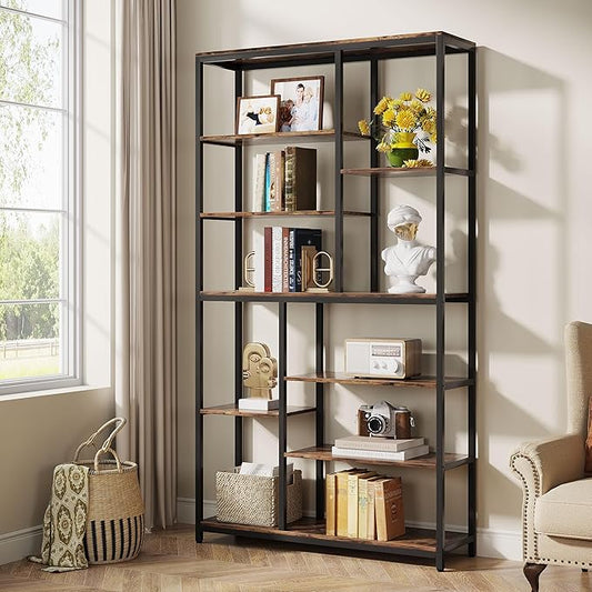 Tribesigns 79-Inch Tall Staggered Bookshelf, Industrial Bookcase with 8 Open Shelves, Wood and Metal Etagere Display Shelf for Living Room, Home and Office