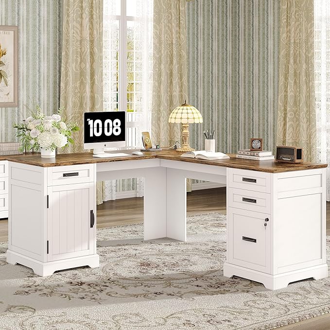 Alohappy 67'' L Shaped Desk with Drawers, Farmhouse Corner Computer Desk with File Storage and Charging Station for Home Office, White