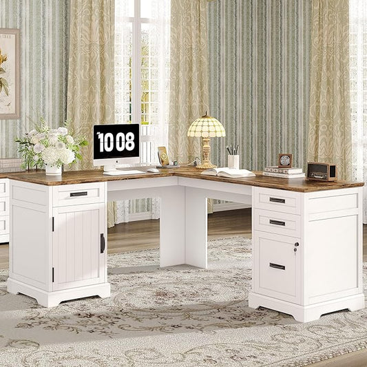 Alohappy 67'' L Shaped Desk with Drawers, Farmhouse Corner Computer Desk with File Storage and Charging Station for Home Office, White
