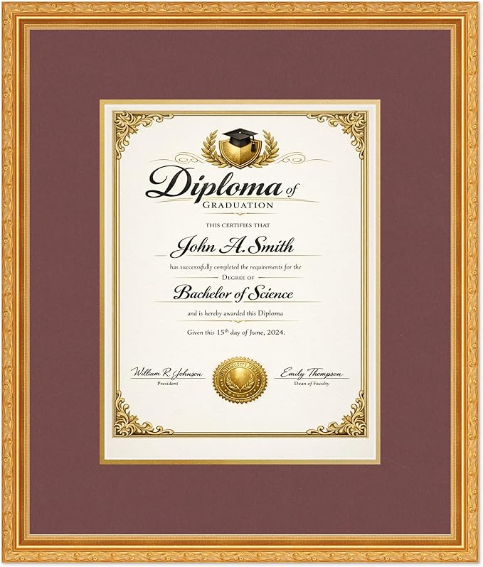 CountryArtHouse Diploma Frame Fits 10 x 13 College Diploma (Portrait Traditional) - Keepsake Graduation Di Museum Gold Genuine Hardwood with Dark Red Over Metallic Gold Double mat