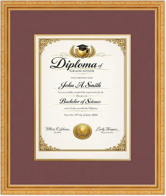 CountryArtHouse Diploma Frame Fits 10 x 13 College Diploma (Portrait Traditional) - Keepsake Graduation Di Museum Gold Genuine Hardwood with Dark Red Over Metallic Gold Double mat