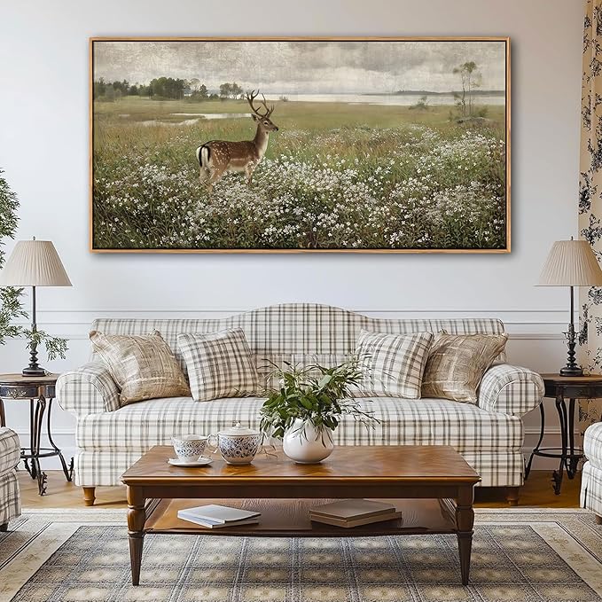 Vintage Wall Art for Living Room Farmhouse Wall Art, Country Wall Decor, Deer Art - Rustic Nature Canvas, Large Landscape Pictures for Bedroom Framed Artwork for Walls 24×48IN