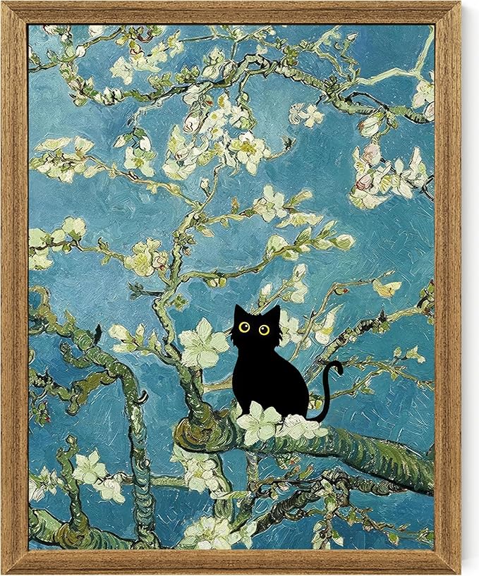 Fantasy Artists Van Gogh's Almond Blossom Funny Black Cat Canvas Wall Art, Oil Painting Posters Home Decor, Vintage Abstract Aesthetic Wall Decorations for Living Room Bedroom, 8" X 10"