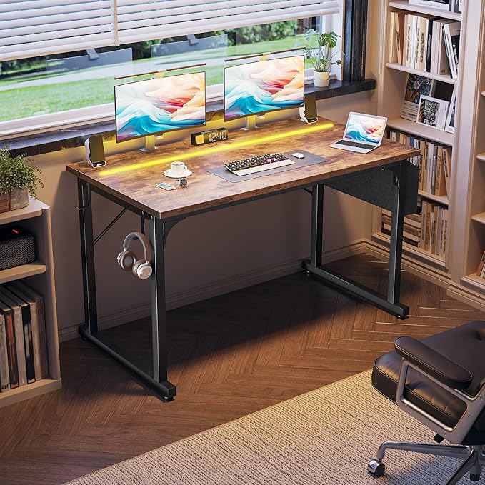48 Inch Computer Desk with LED Lights, Office Desk for Home Office, Study Desk Writing Table with Storage Bag, Headphone Hook, Rustic Brown