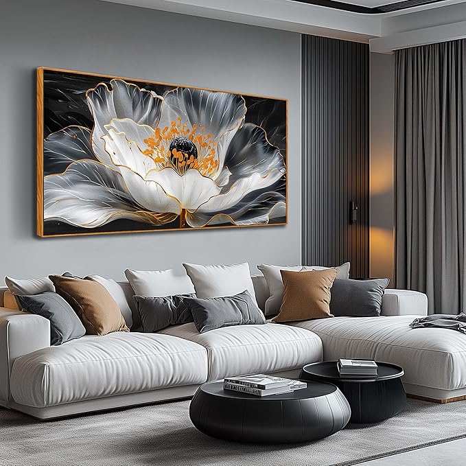 Floral Wall Pictures White Wall Art Lotus Wall Decorations Large Modern Artwork 29"x 59"Art for Kitchen Hotel