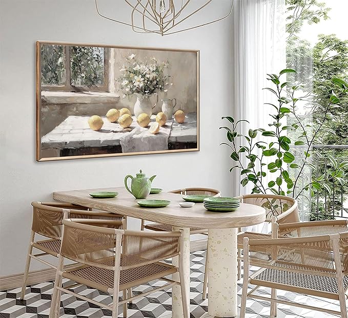 XXOUYLQ Vintage Kitchen Wall Art Yellow Lemon Still Life Pictures Daisy oil Painting Poster Rustic Farmhouse Artwork Posters White vase Canvas Bedroom Bathroom Wall Decor Kitchen Prints frame 16x32in