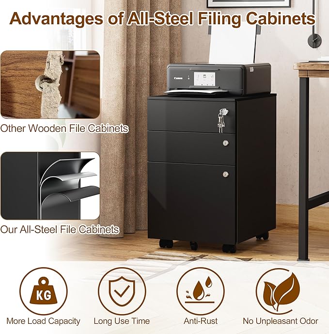 3 Drawers File Cabinet with 3 Lock, Mobile Metal Filing Cabinet, Fully Assembled Except Casters, for Home Office, for A4, Letter, Legal File Folders, Black