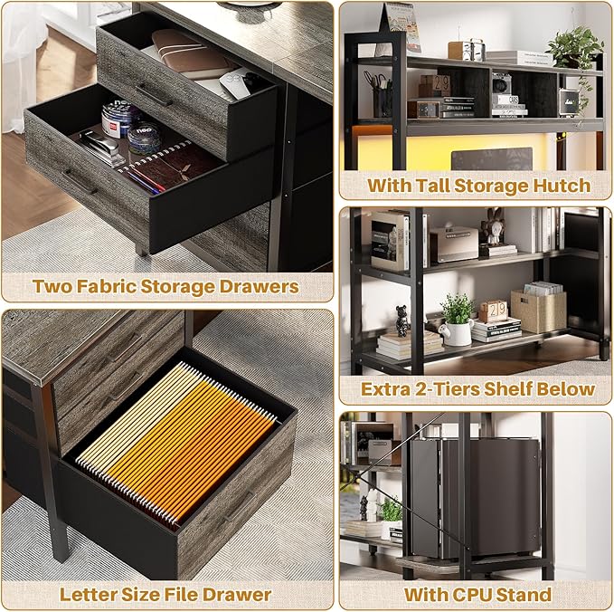 Aheaplus L Shaped Desk with Hutch, Gaming Desk with Led Lights, Reversible Computer Desk with Power Outlet, Corner Desk with File Drawer & Monitor Stand, Storage Shelves for Home Office, Black Oak
