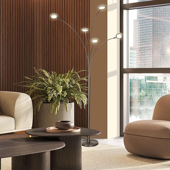 Brightech Orion Arc Floor Lamp for Living Room, Tree Floor Lamp with 5 Adjustable Arms, Multi-Head Standing Lamp with Flexible Rotating LEDs for Bedroom, Dorm - Bright Hanging Lighting - Satin Nickel