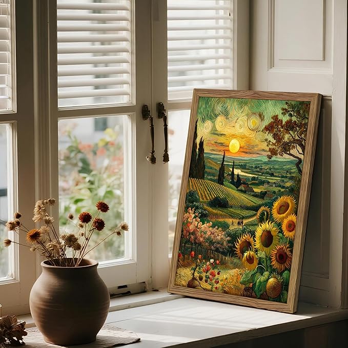 Framed Vintage Sunflower Wall Art, Cottagecore Van Gogh Impressionist Canvas Wall Decor Painting, Rustic Farmhouse Sunset Landscape Artwork Print Picture for Living Room Bedroom 16x24 Inch