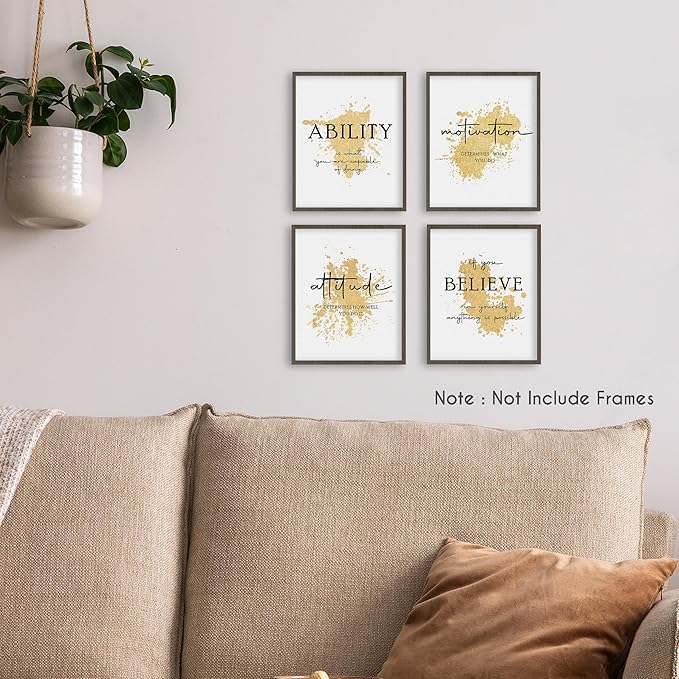 HRQKO Office Gold Inspirational Wall Art Poster Prints Set of 4, Motivational Wall Art, Modern Gold Artwork Prints Posters Wall Decor, Affirmations Prints for Office Women Men 8”x10” Unframed