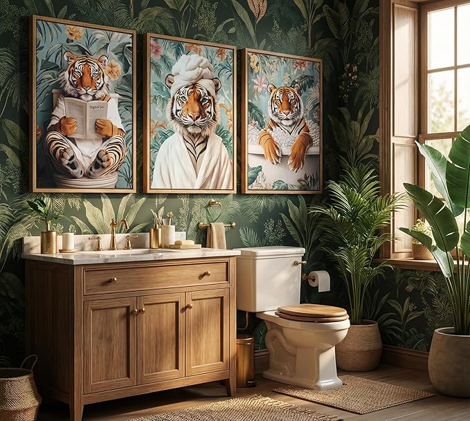 3pcs Funny Bathroom Tiger Canvas Wall Art Boho Tropical Botanical Tiger Reading Newspaper On Toilet Posters Prints Animal In Bathtub Wall Decor Pictures for Bathroom Decoration Unframed