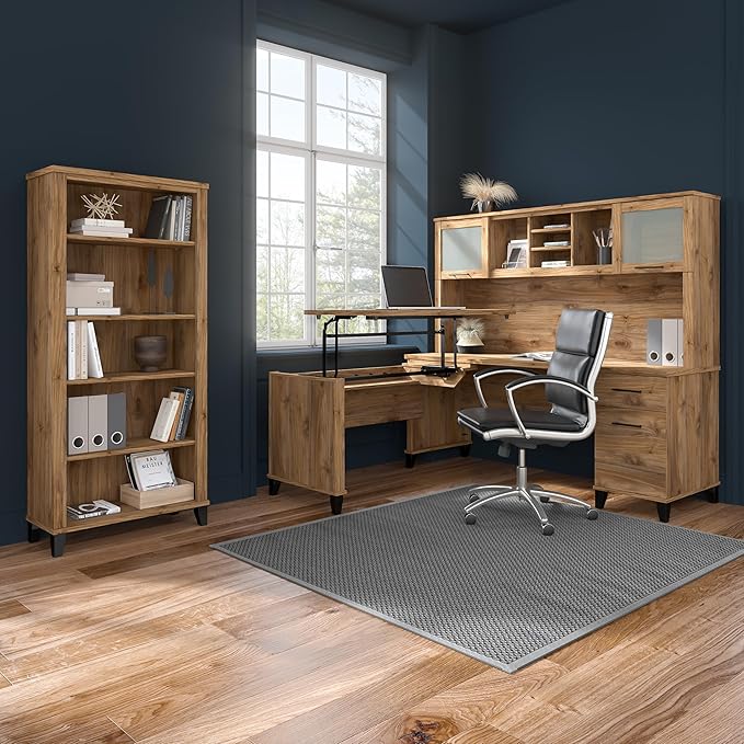 Bush Home Somerset 72W 3 Position Sit to Stand L Shaped Desk with Hutch in Fresh Walnut | Adjustable Height Table for Home Office