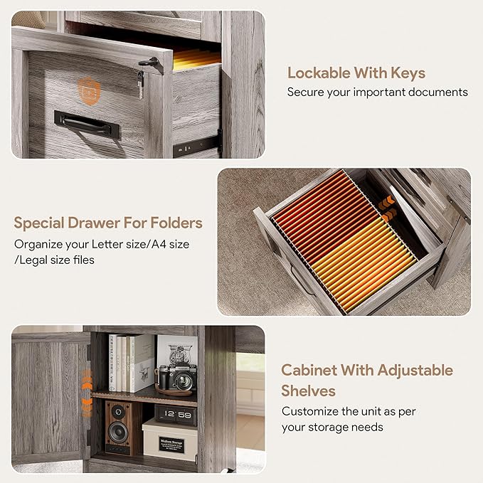 L Shaped Farmhouse Executive Desk with Drawers, 67" Home Office Desks with Fast Charging Station, Lockable File Cabinet, Wood Writing Computer Desk for Work, Study, Grey