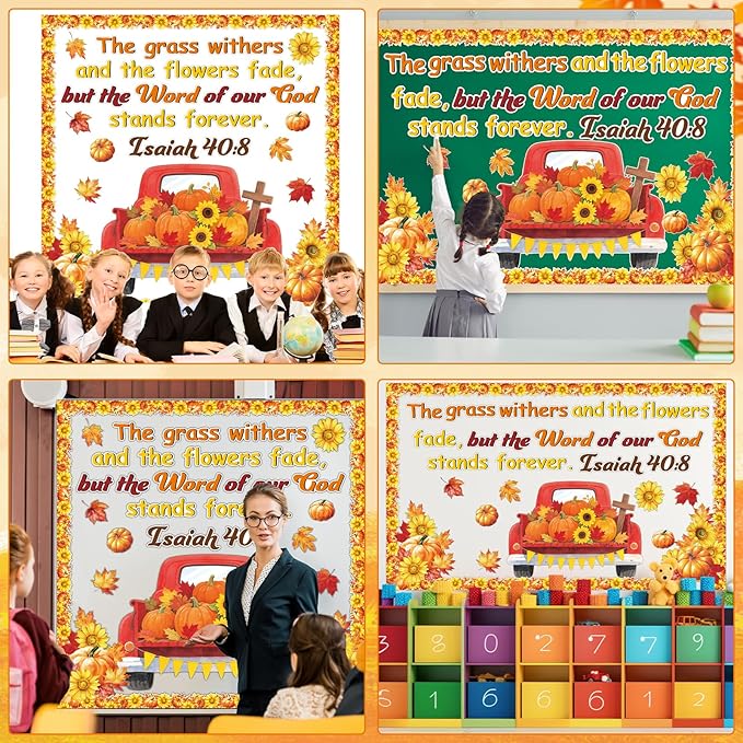 Fall Bulletin Board Decorations Set Religious Pumpkin Classroom Decor Pumpkin Truck Sunflower Maple Leaf Cutout Thanksgiving Autumn Harvest Party School Classroom Chalkboard Wall Church Supplies Favor