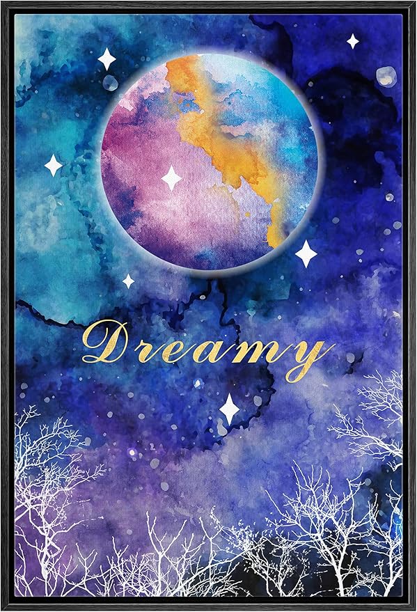 IDEA4WALL Framed Canvas Print Wall Art Dreamy Watercolor Galaxy with Star Covered Moon Astronomy & Space Sky Illustrations Modern Art Glam Colorful for Living Room, Bedroom, Office - 24"x36" BLACK